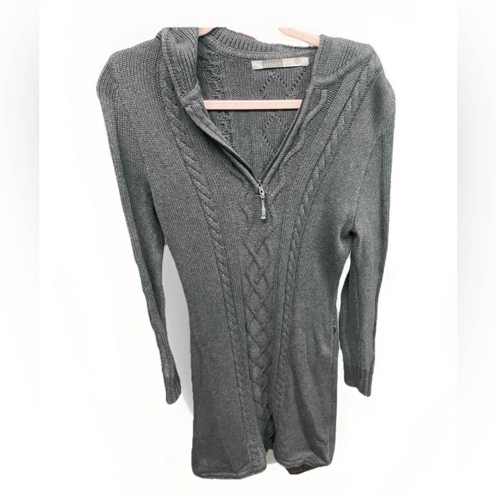 ATHLETA Hut To Hut Gray Cable Knit Pullover Hooded Sweater Dress